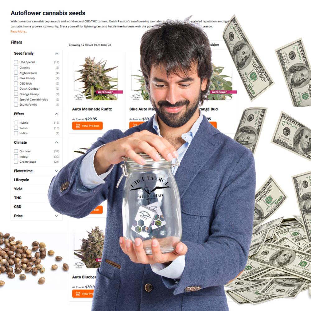 A man looking down smiling at a jar filled with some Dutch Passion seed packs