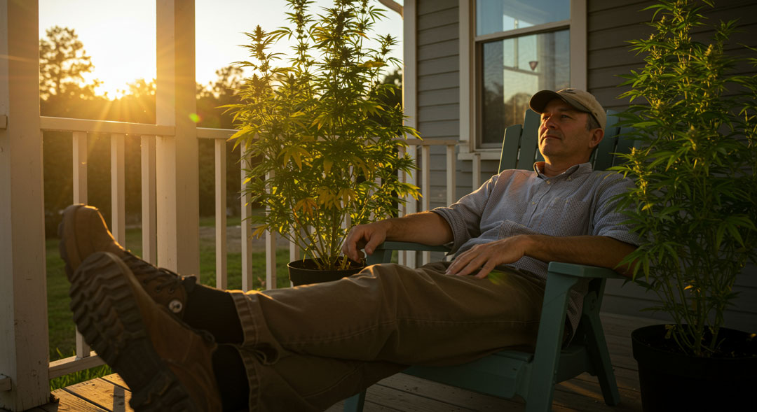 A man on his porch with cannabis plants
